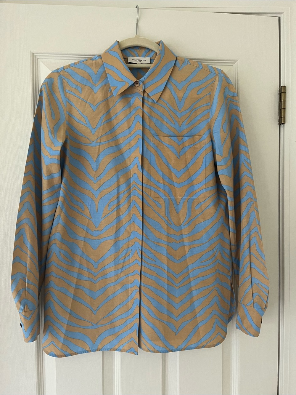 Lafayette 148 New York Ruxton Blue Tan Zebra XS Cotton Silk Blouse Office Chic - Picture 2 of 6